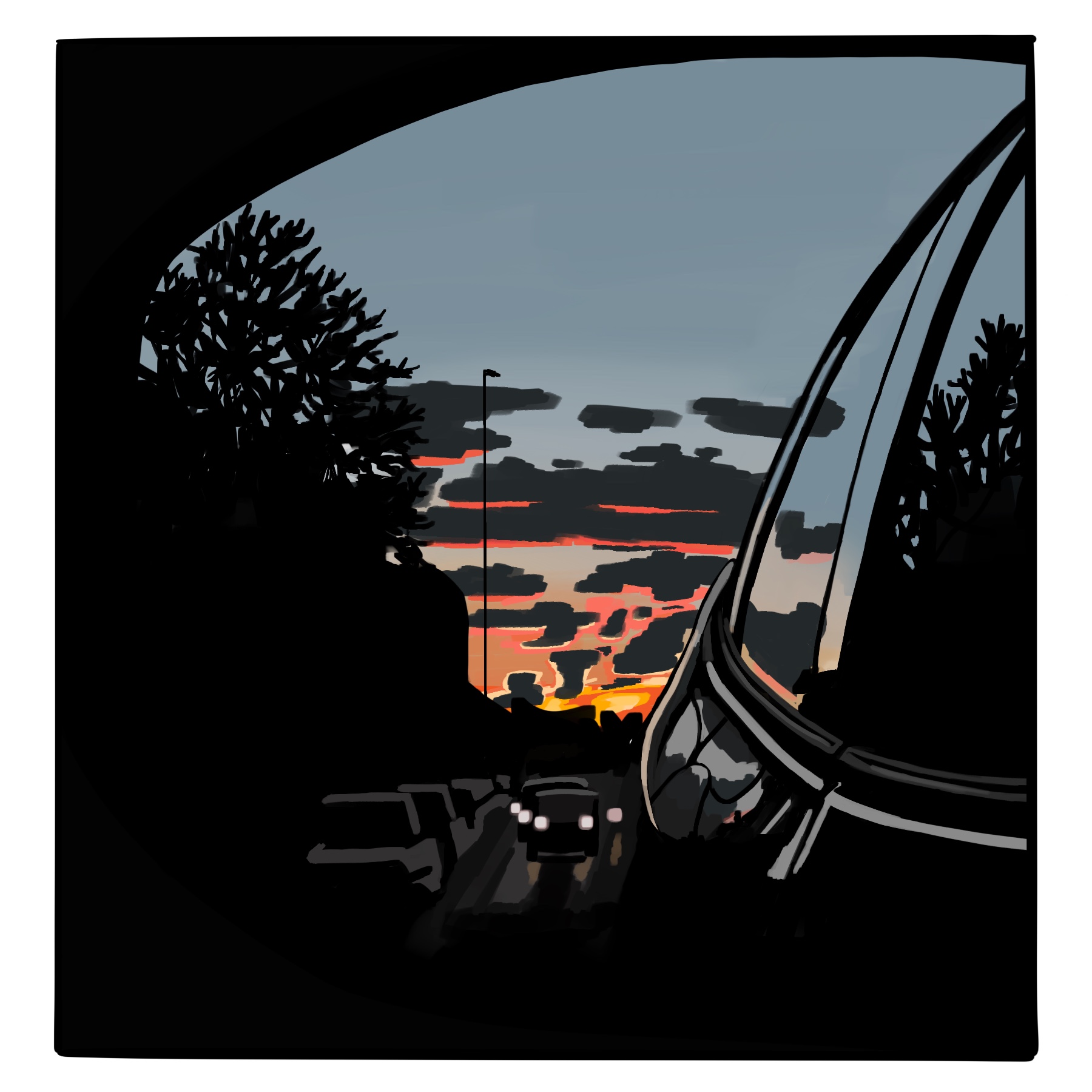 Illustration of sunset outside a car window