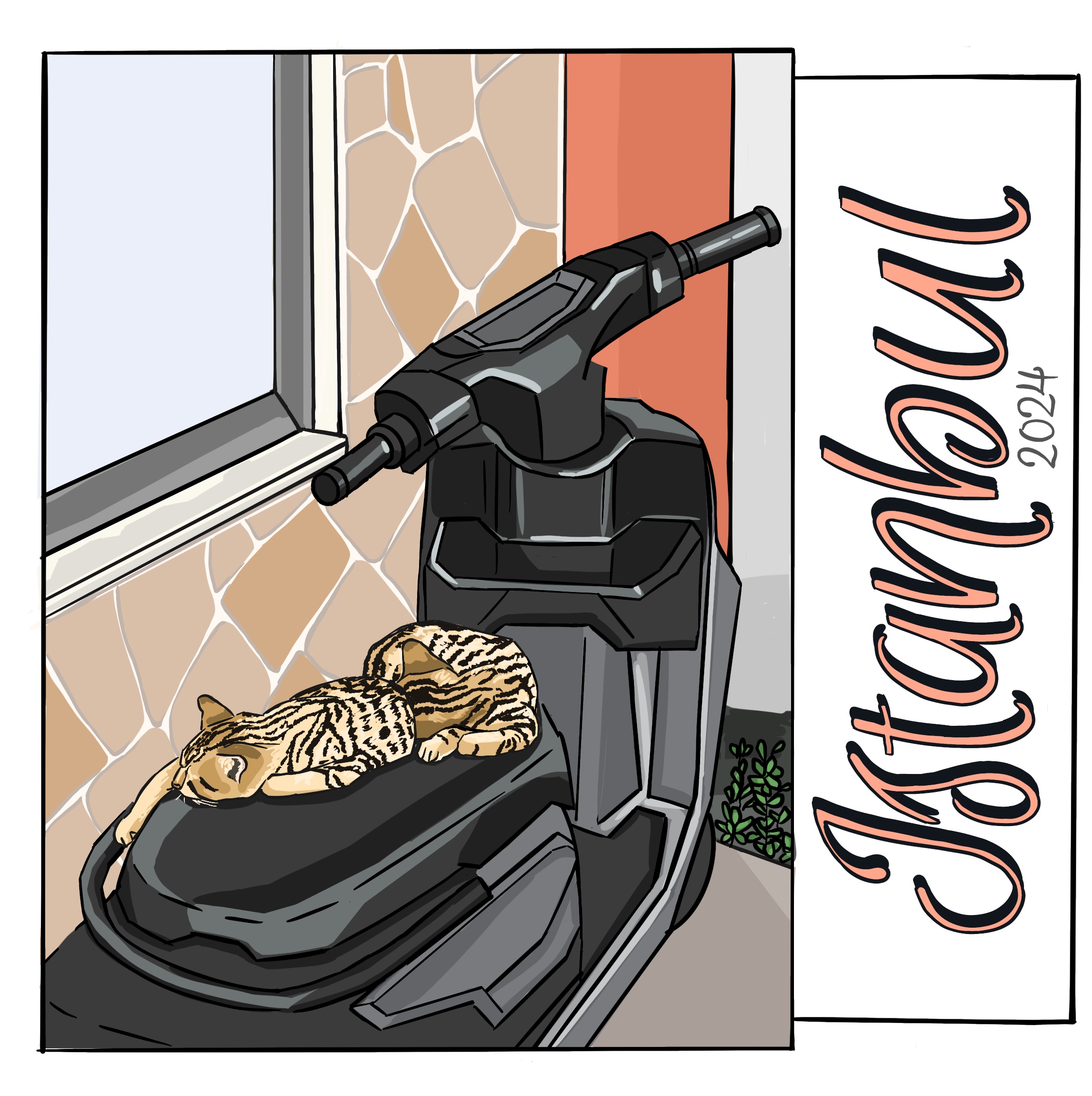 Illustration of cats on a motorbike in Istanbul, Turkey